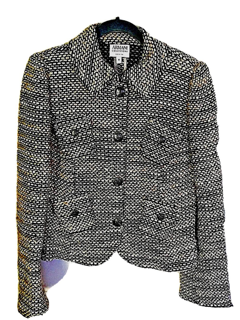 ARMANI COLLEZIONI Fabulous Grey Crop Woven Tweed Boucle Classic Jacket Pockets 8